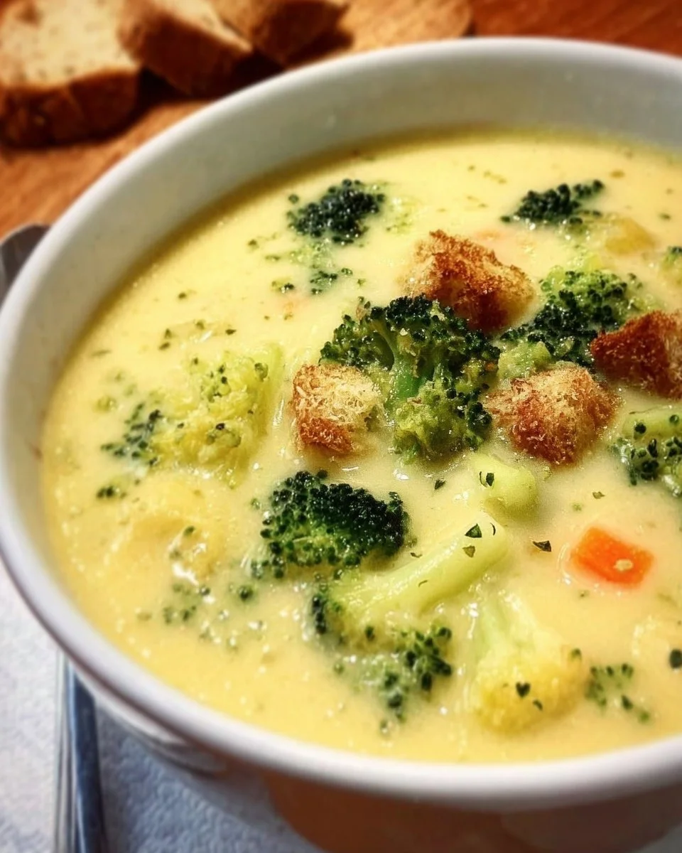Bowl of creamy broccoli cheese soup with fresh cauliflower and cheese topping