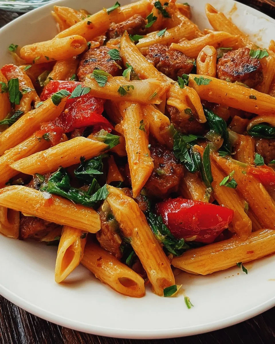 A delicious plate of Cajun Sausage Pasta with colorful vegetables and spices.