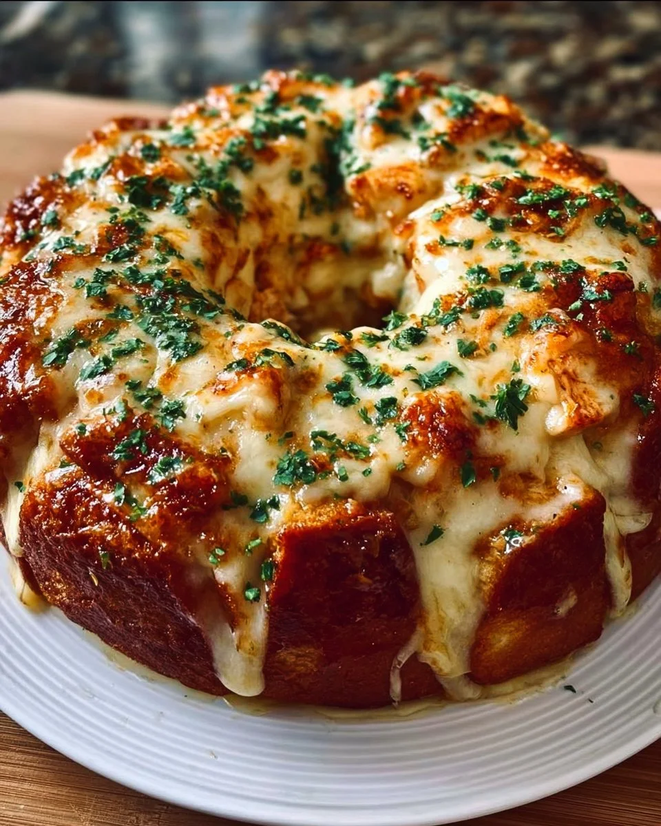 Delicious Chicken Alfredo Monkey Bread topped with melted cheese and herbs