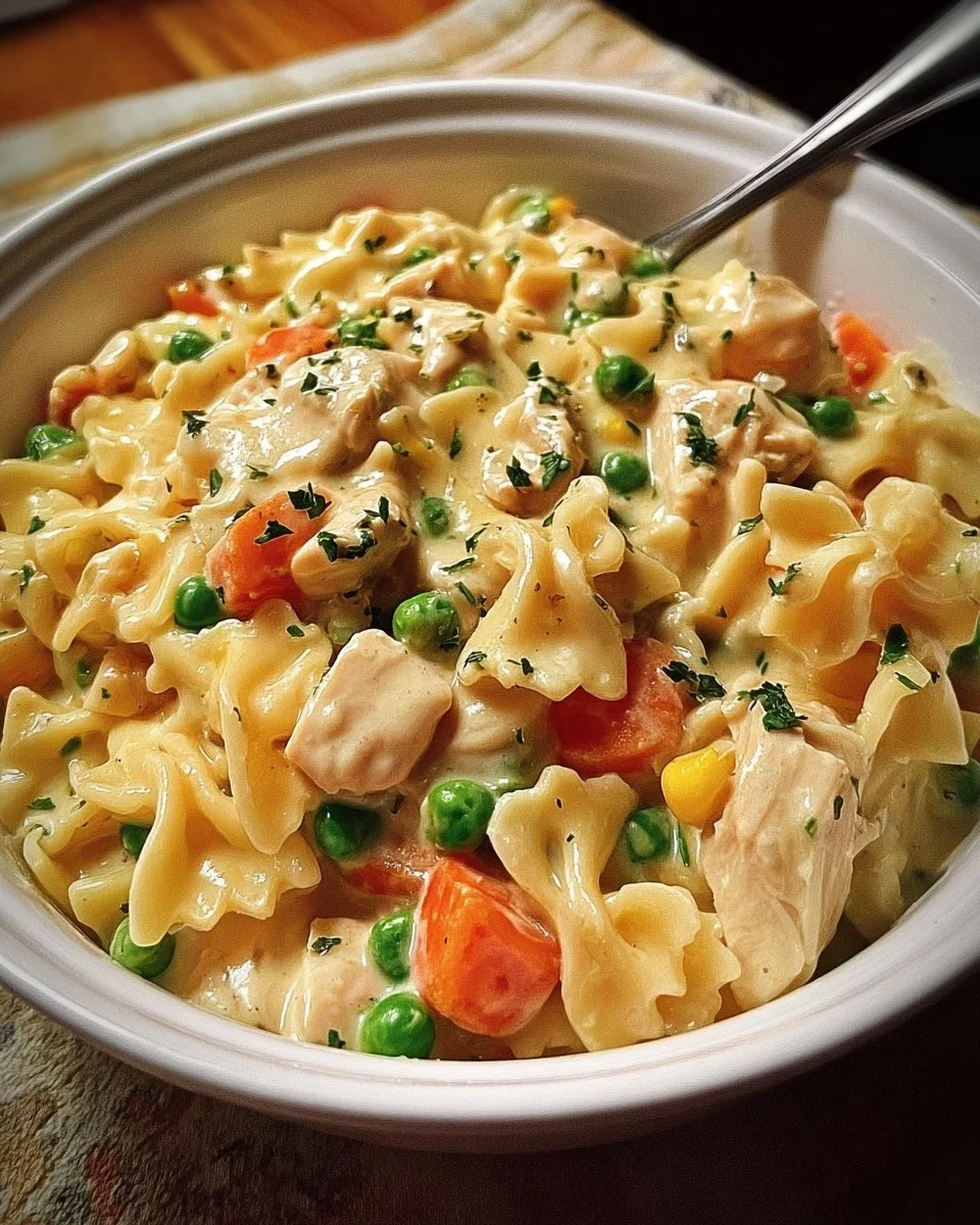 Delicious Classic Chicken Pot Pie Pasta in a casserole dish