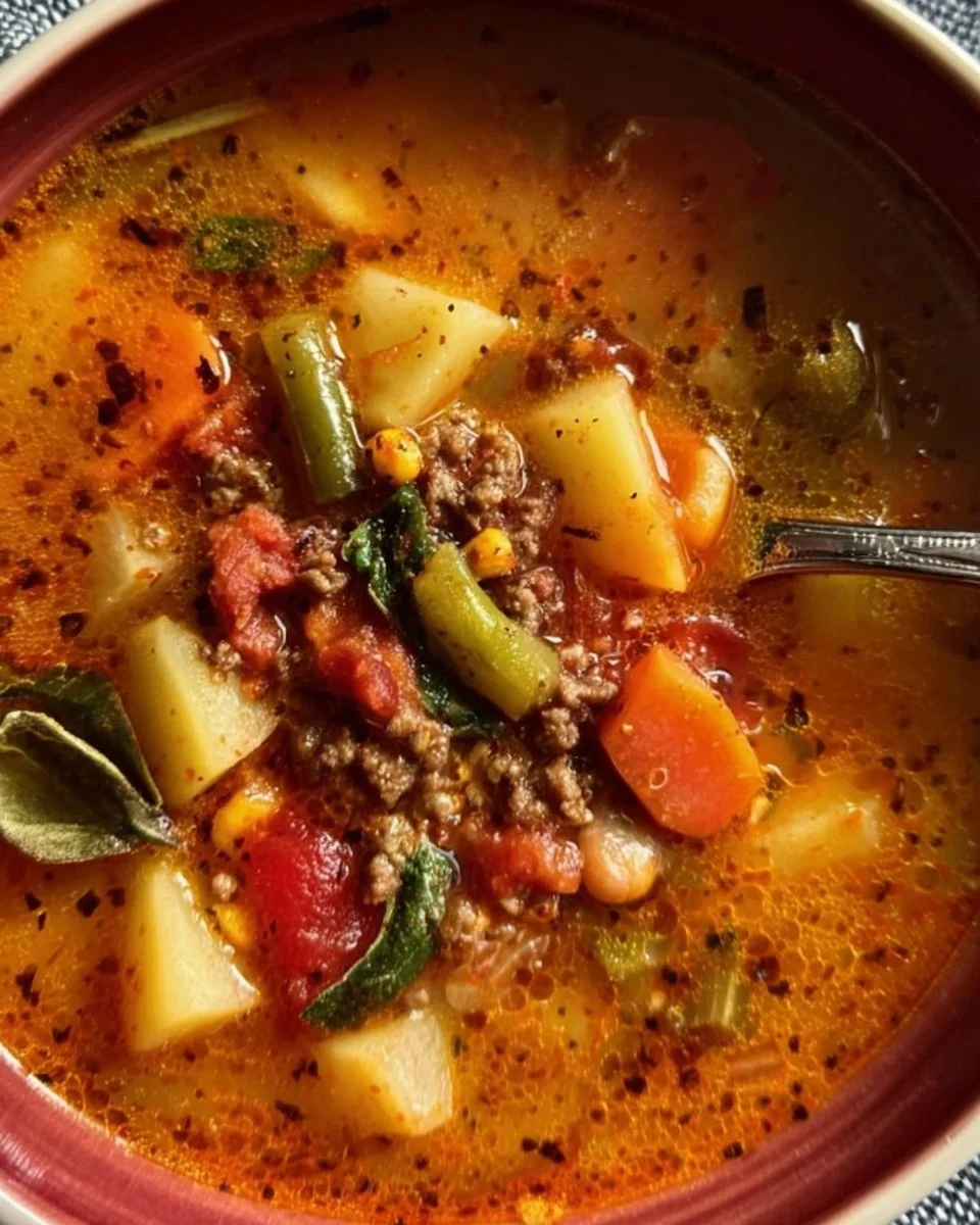 A bowl of Cowboy Soup filled with beans, corn, and spices, garnished with fresh herbs.