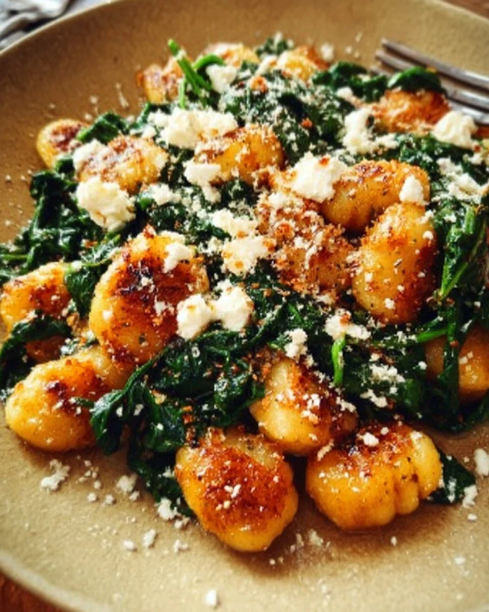 Crispy gnocchi served with spinach and feta in a vibrant dish