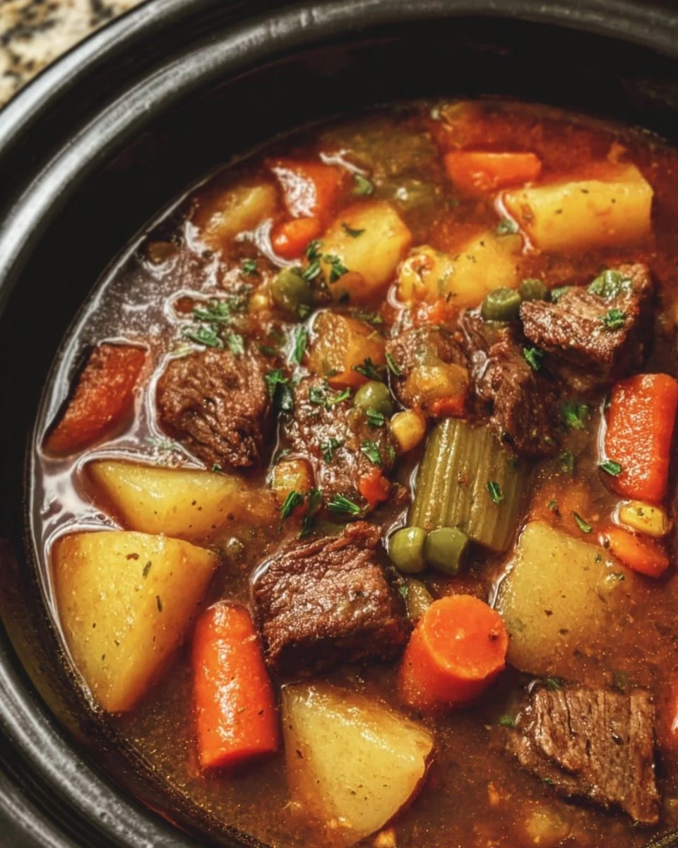 Crockpot beef and vegetable soup served in a bowl with fresh herbs