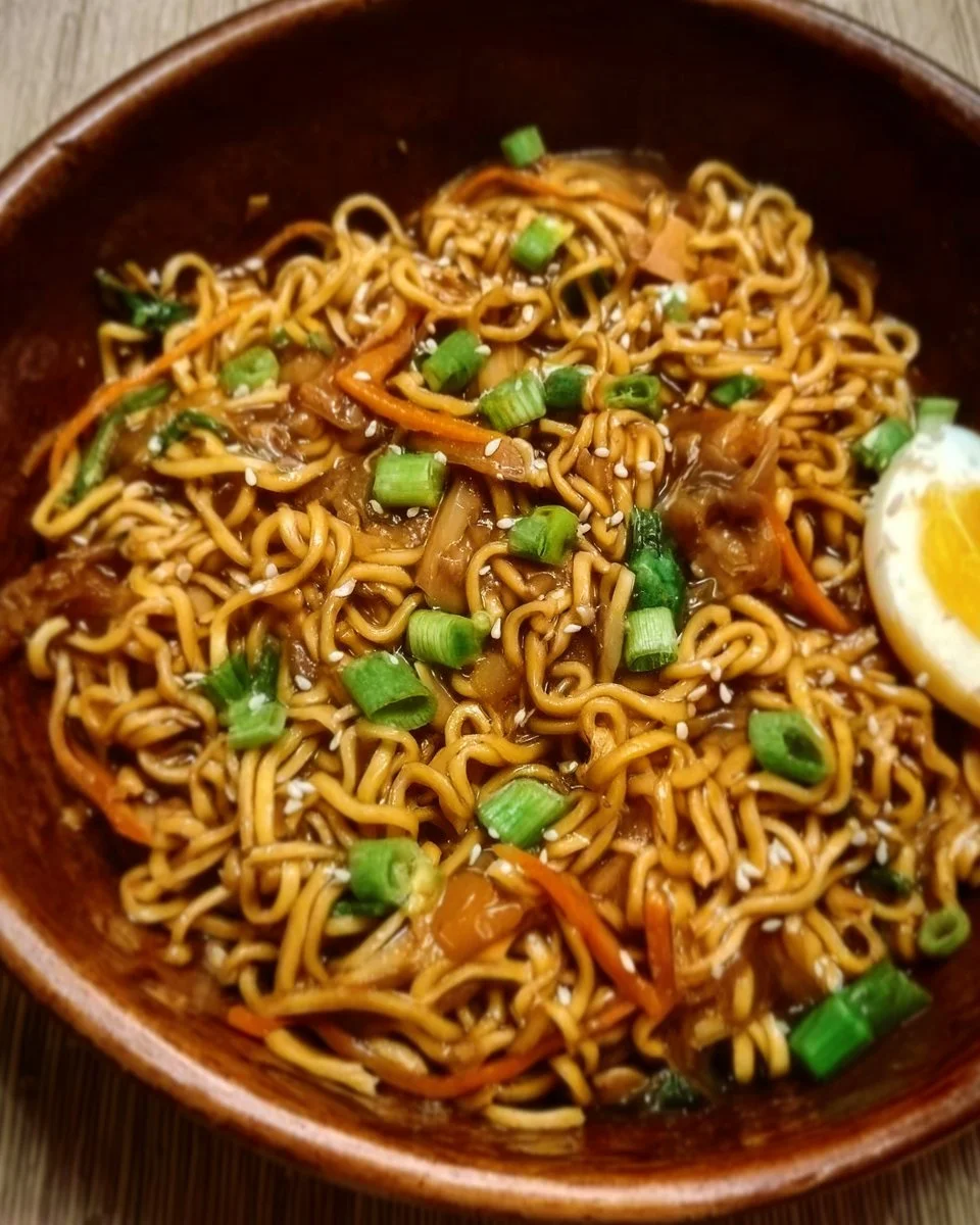 A bowl of easy saucy ramen noodles garnished with vegetables and herbs