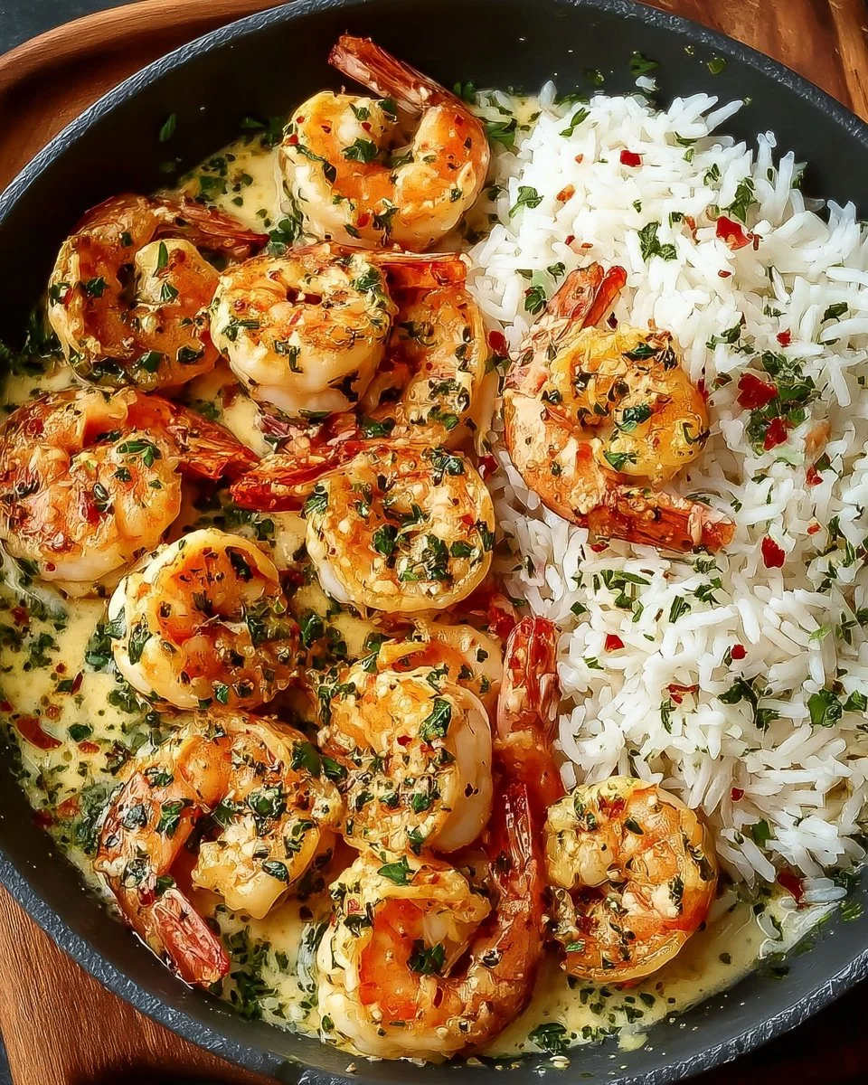 Plate of creamy garlic butter shrimp served over rice with herbs.