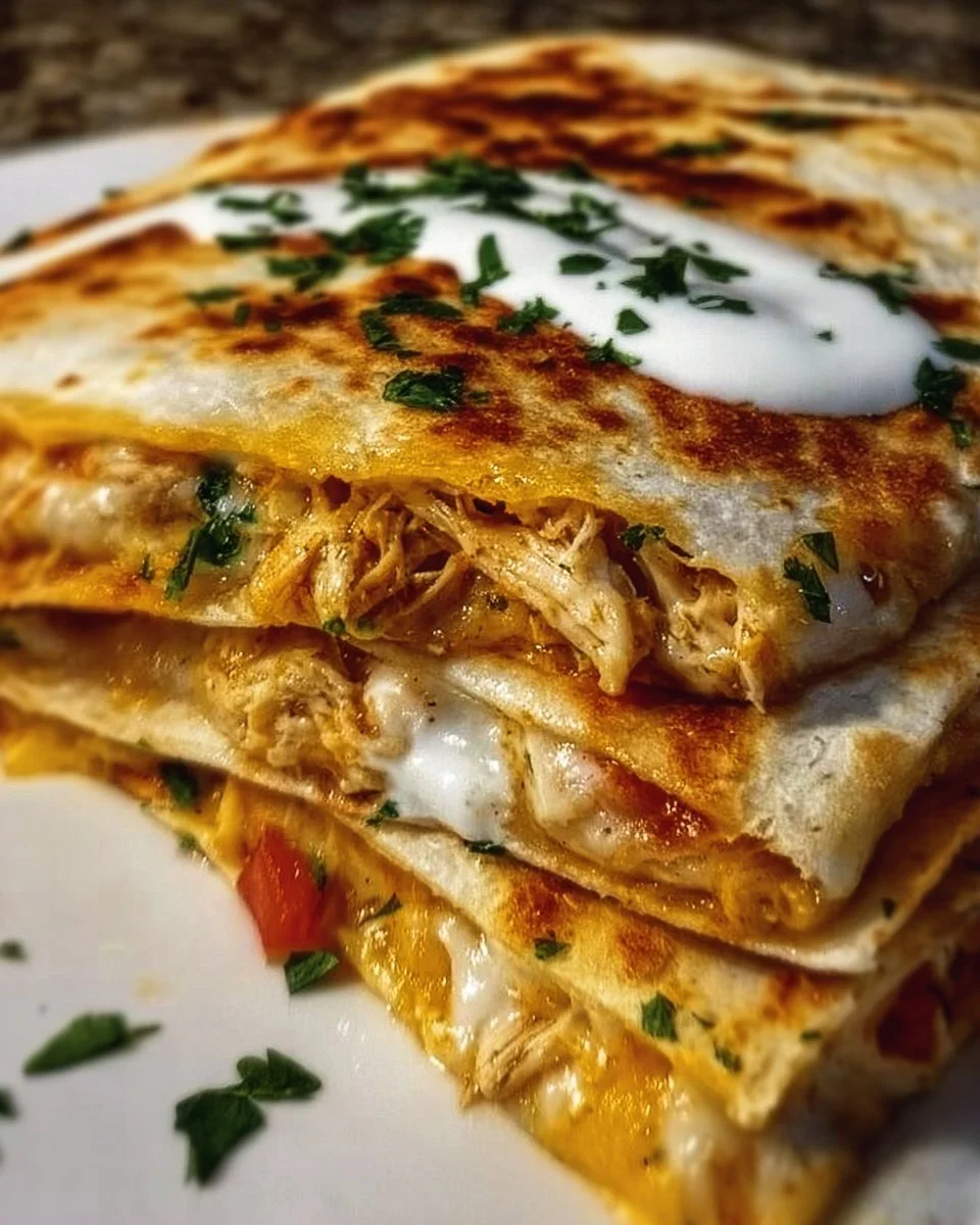 Deliciously cheesy chicken quesadilla served with salsa and guacamole.