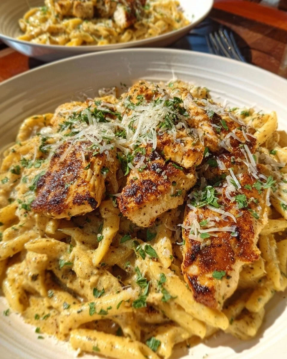 Delicious Garlic Parmesan Chicken Pasta served in a bowl garnished with parsley