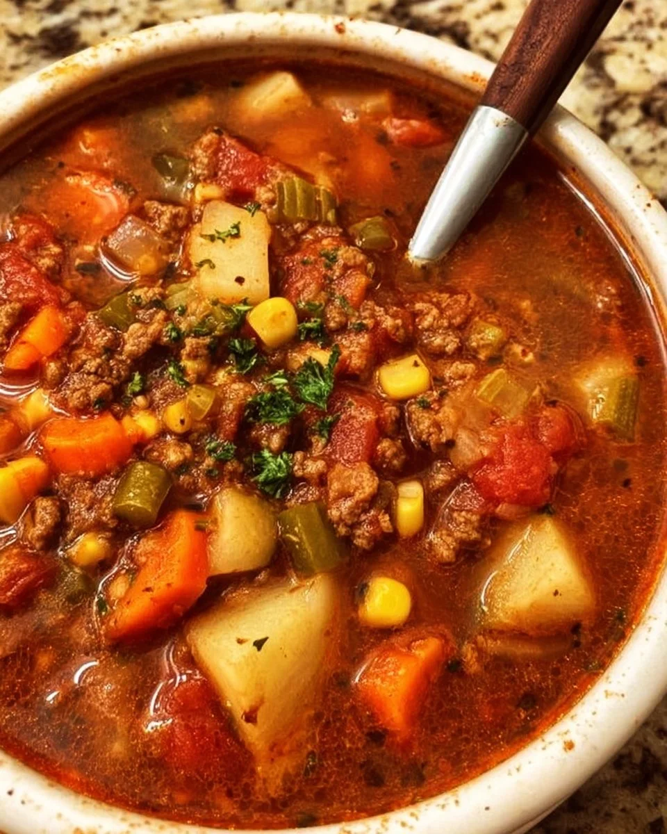 Delicious bowl of Hamburger Vegetable Soup garnished with fresh herbs