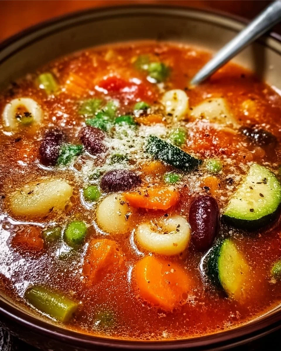 Bowl of hearty Italian vegetable soup with fresh vegetables and herbs
