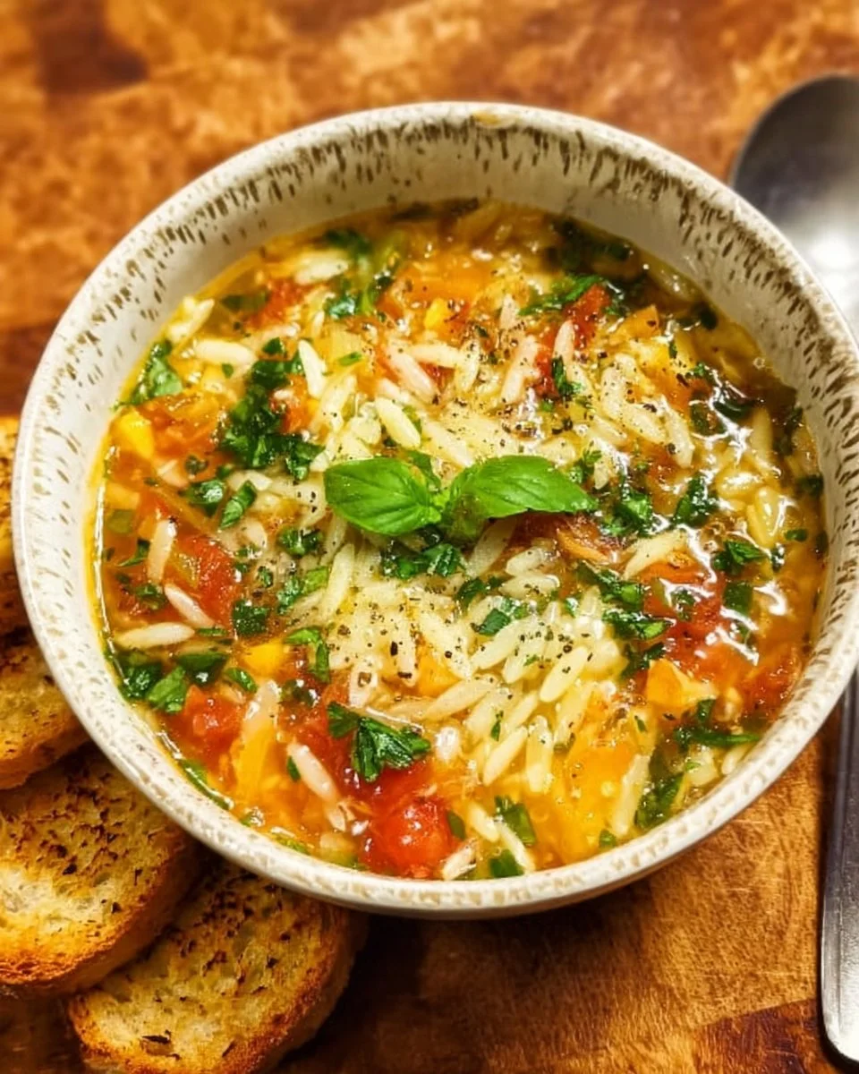 A bowl of Mediterranean Orzo Soup with fresh vegetables and herbs
