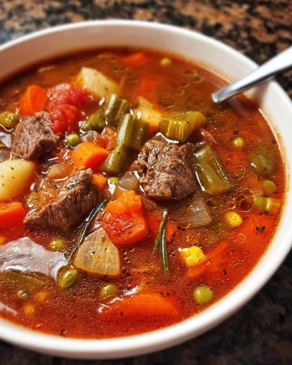 Bowl of Old Fashioned Vegetable Beef Soup with vegetables and beef chunks