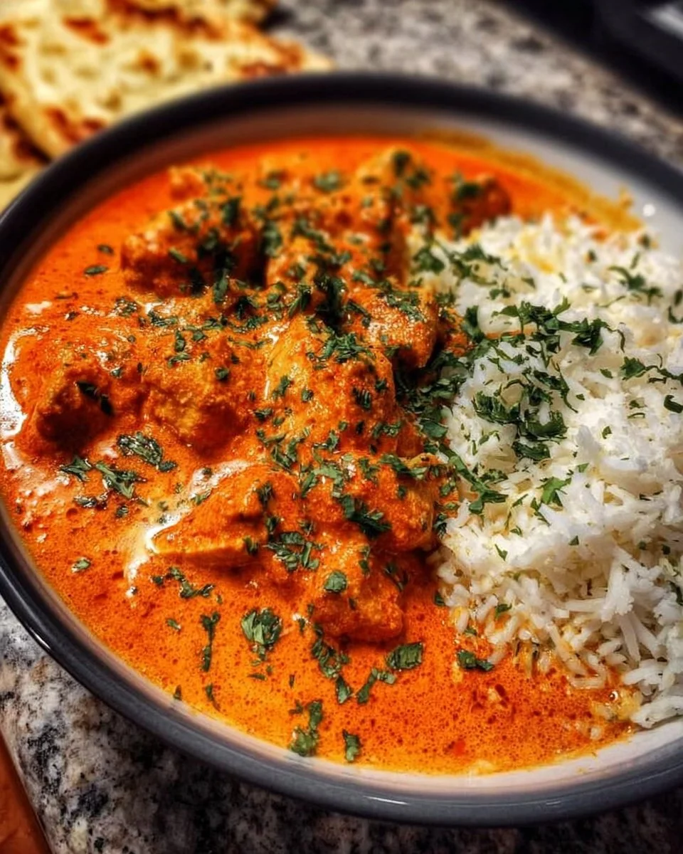 A bowl of quick and easy homemade butter chicken with vibrant spices and creamy sauce