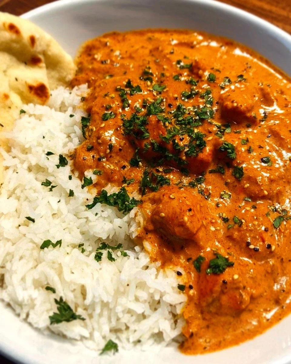Plate of delicious homemade butter chicken with rice and naan bread