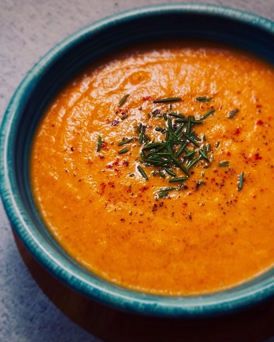 Creamy roasted vegetable soup in a bowl, garnished with herbs.