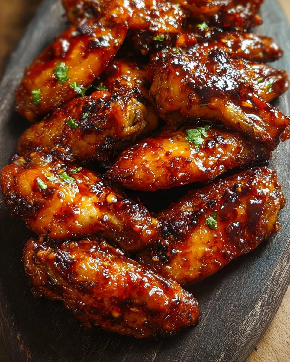 Plate of sweet and spicy chicken wings garnished with sesame seeds