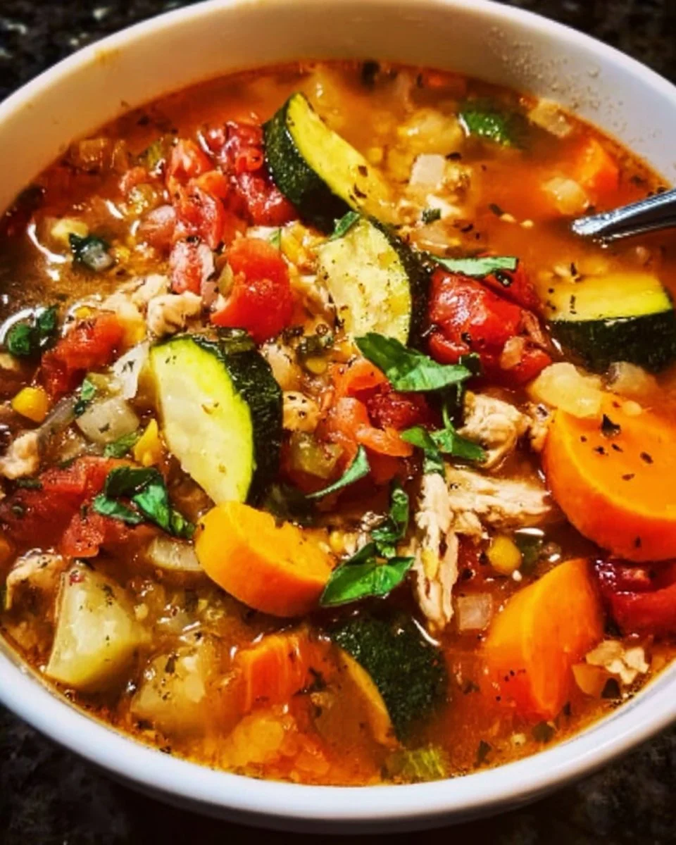 Bowl of delicious Turkey Vegetable Soup with assorted fresh vegetables