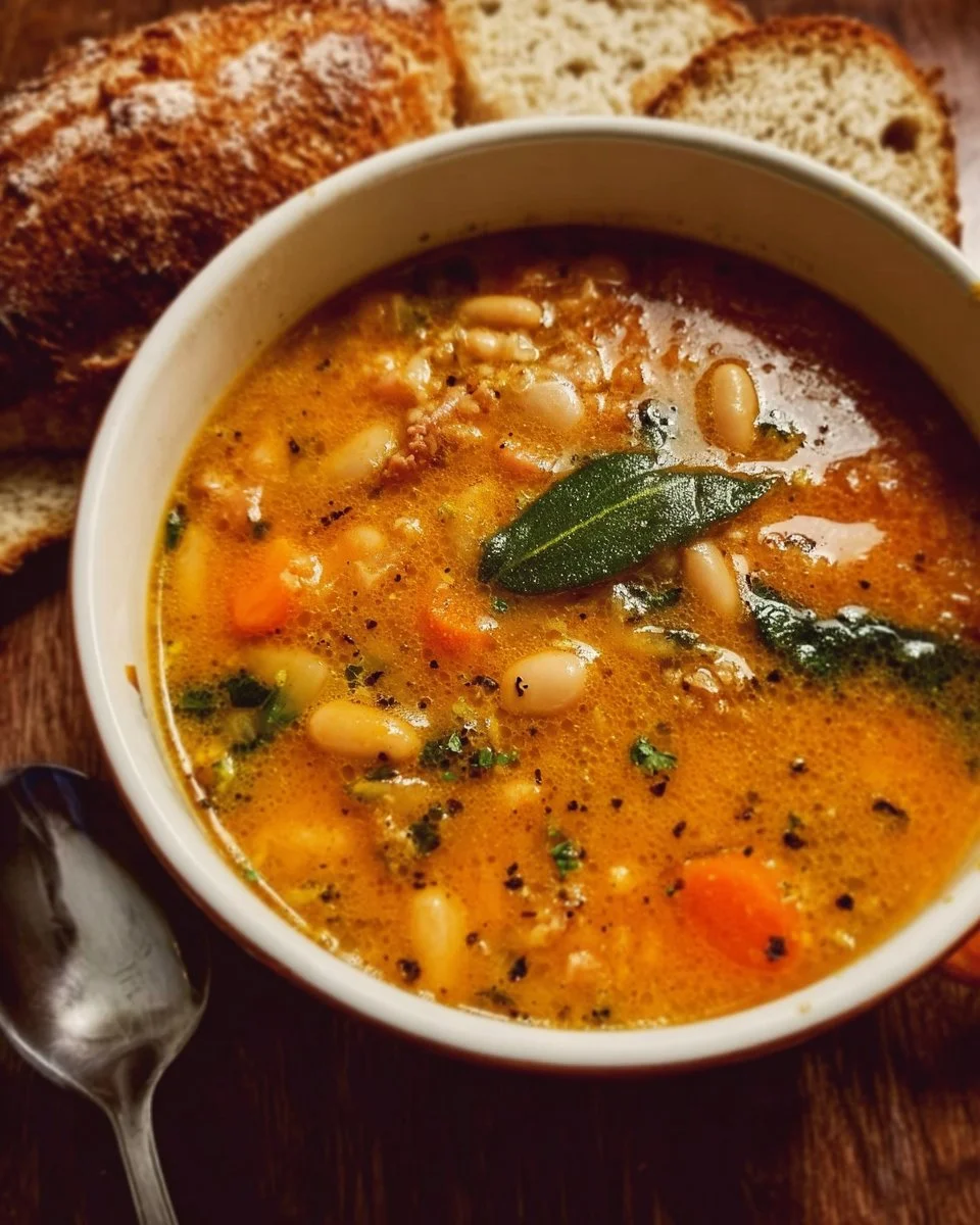 Bowl of hearty Tuscan White Bean Soup garnished with fresh herbs.