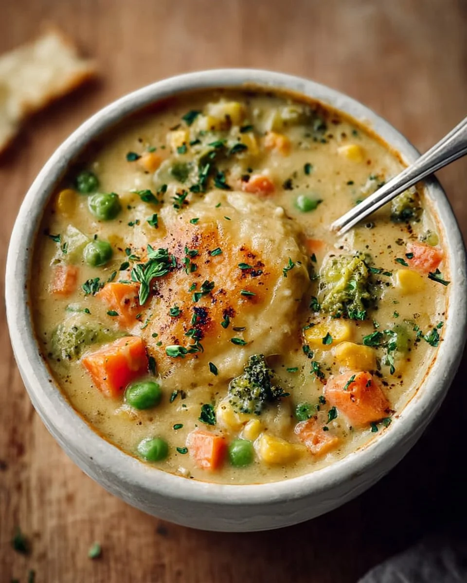 Veggie Pot Pie Soup in a bowl, filled with vegetables and herbs, comforting dish.