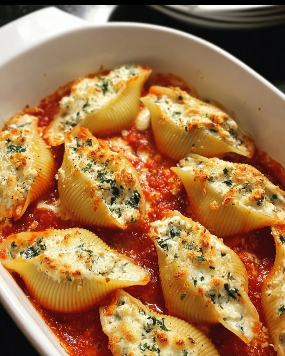 Delicious Christmas stuffed shells baked with ricotta and festive herbs