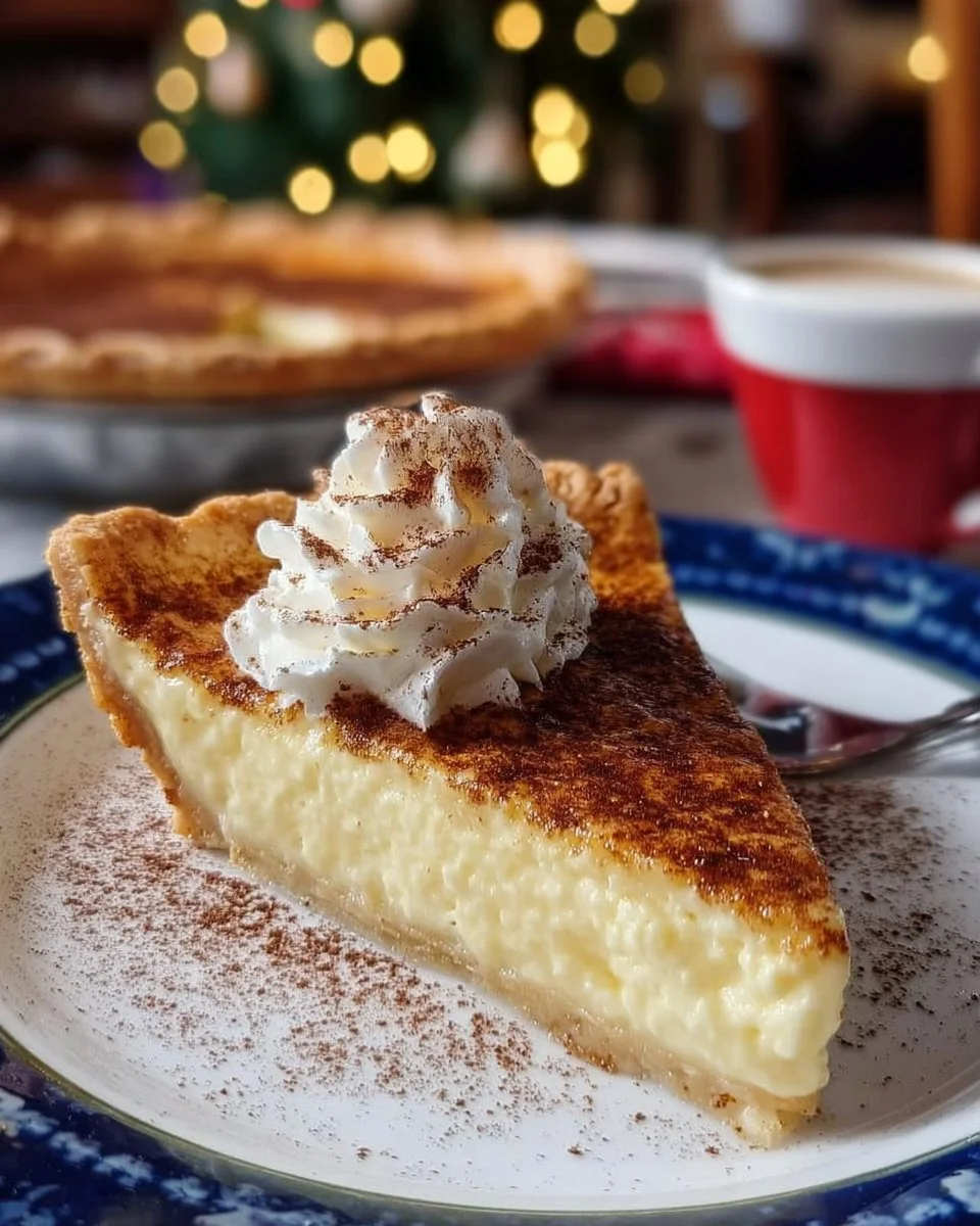 Christmas Eve Cinnamon-Vanilla Custard Pie, a creamy holiday dessert slice