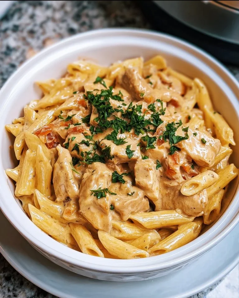 Bowl of Crock Pot Creamy Cajun Chicken Pasta with colorful vegetables and herbs