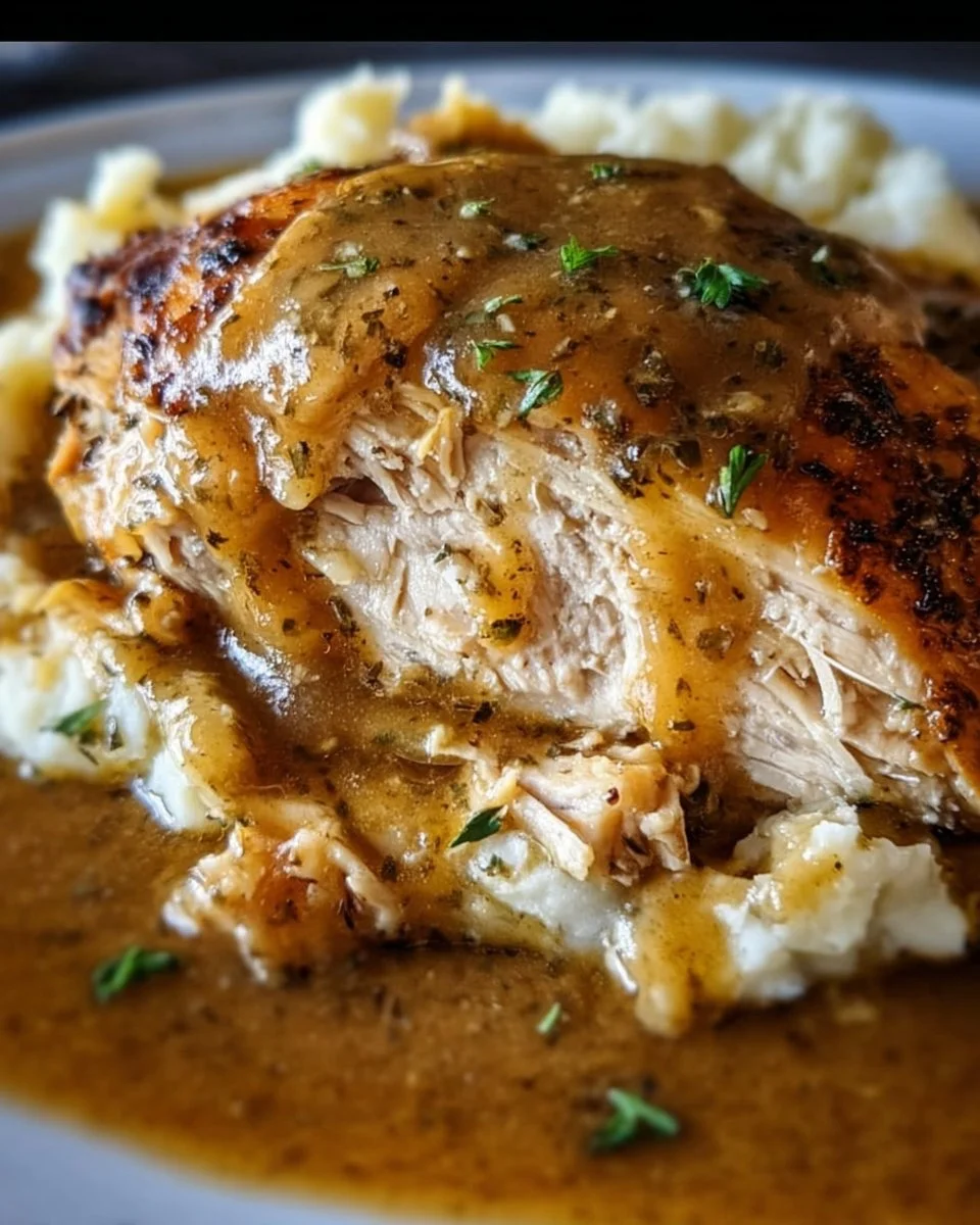 Crockpot Chicken and Gravy served in a dish.
