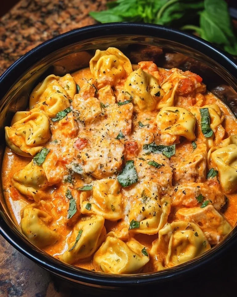 Delicious crockpot chicken tortellini served in a bowl with fresh herbs