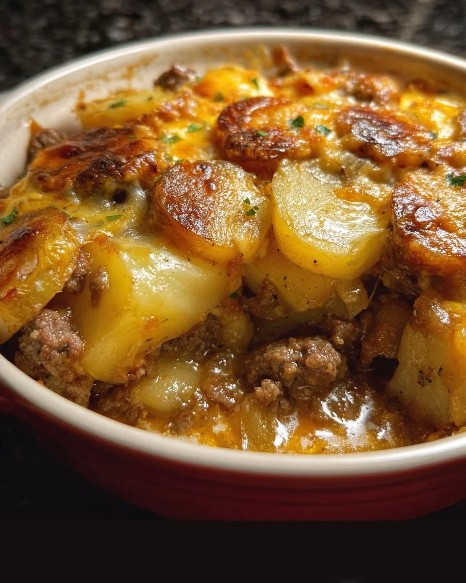 Crockpot Hamburger Potato Casserole dish with melted cheese and ground beef