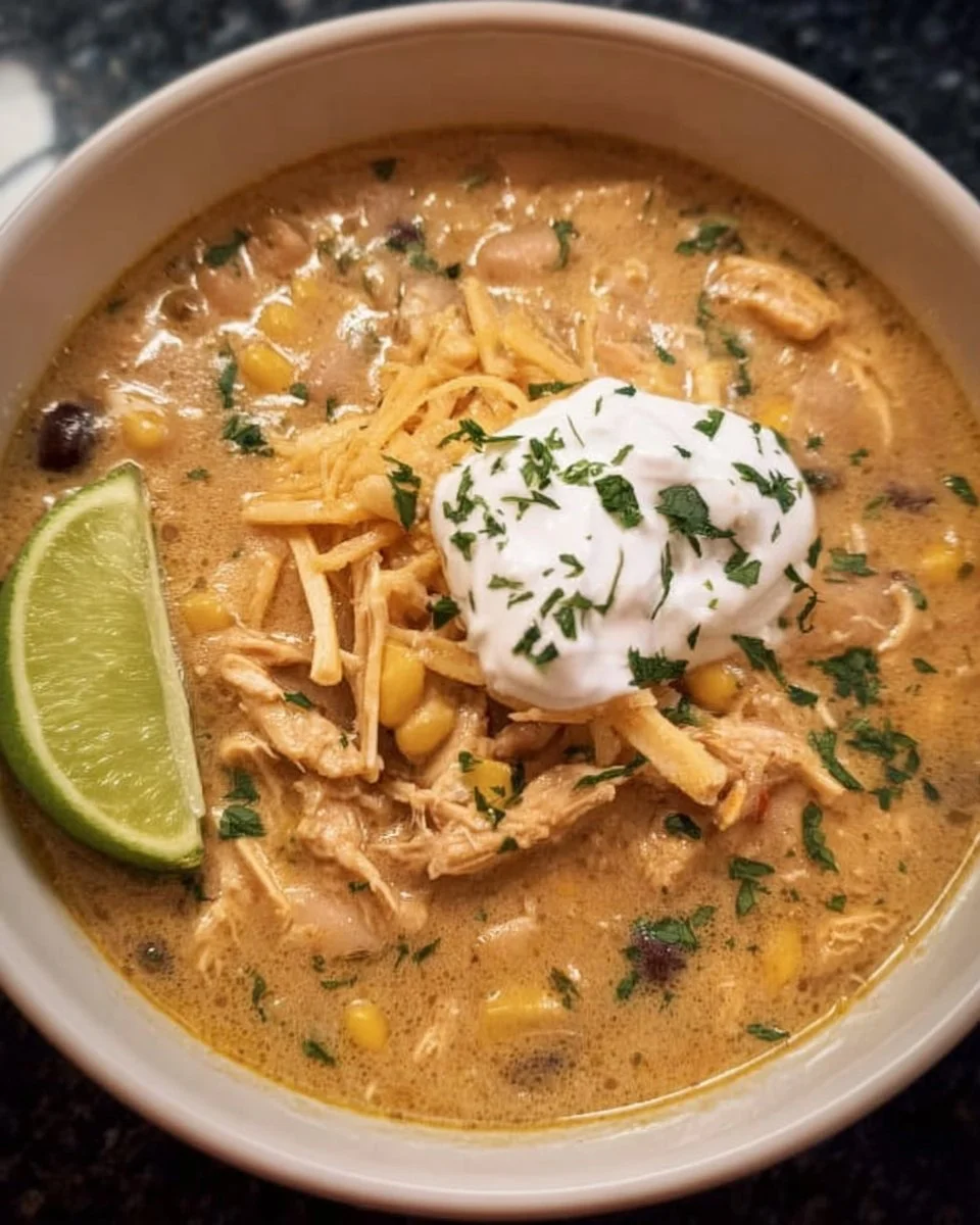Creamy crockpot white chicken chili with cream cheese in a bowl