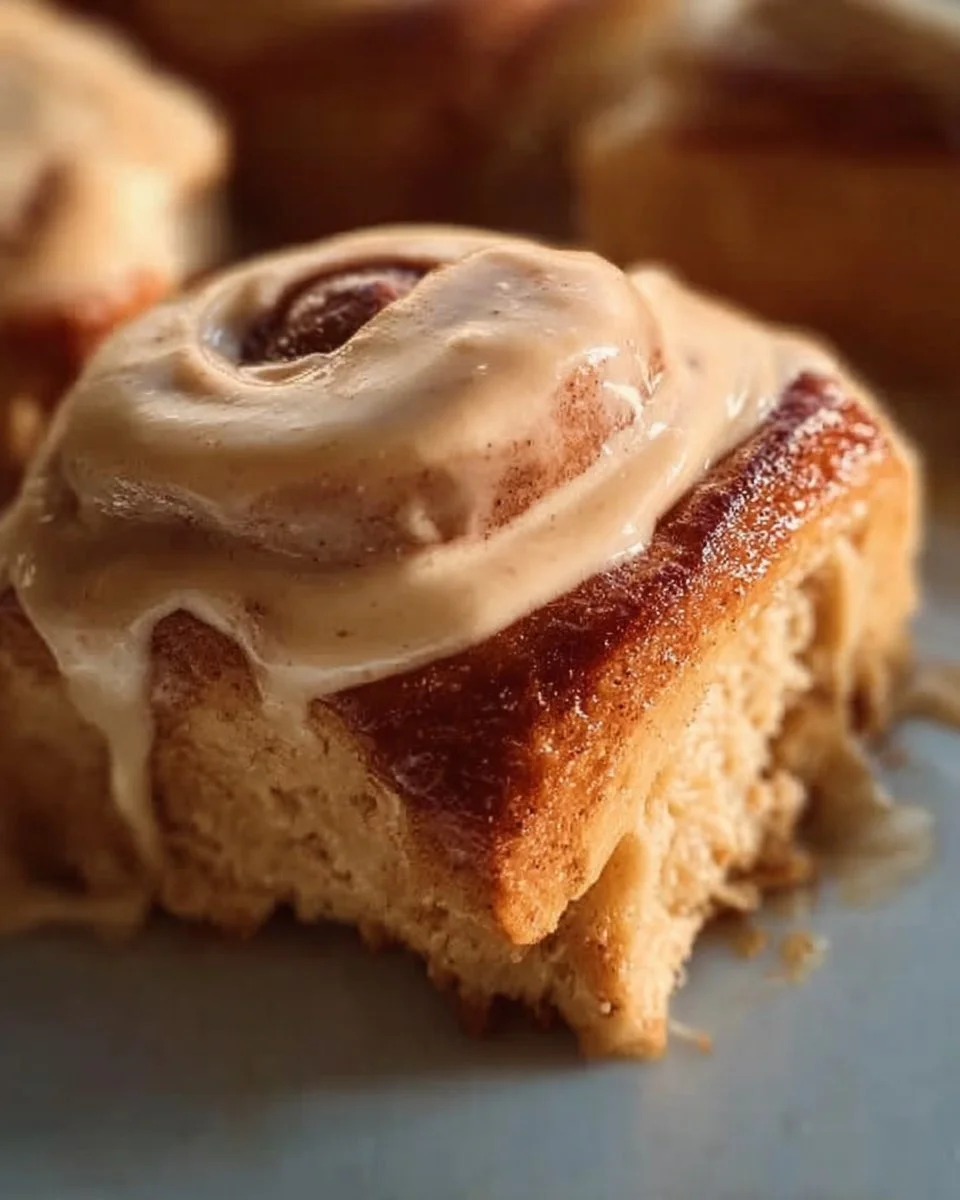 Freshly baked gingerbread cinnamon rolls topped with icing.