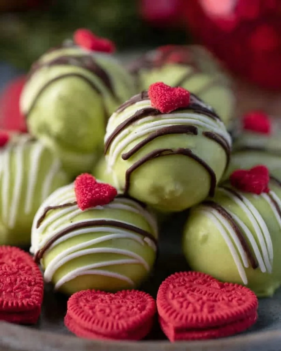 Grinch Oreo Balls made with Red Velvet Oreos on a festive plate