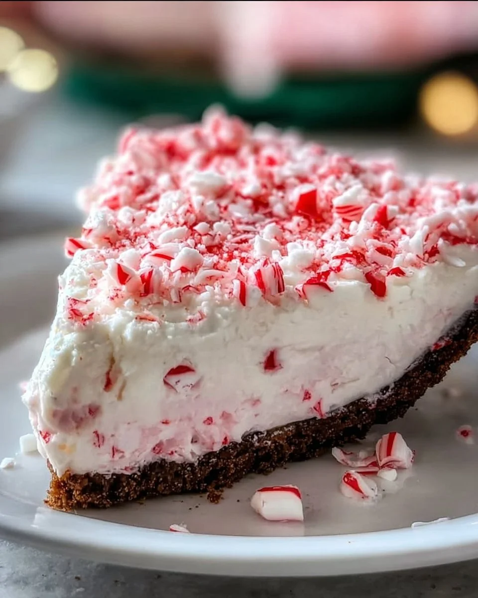 Delicious Quick Christmas Peppermint Pie topped with whipped cream and candy canes