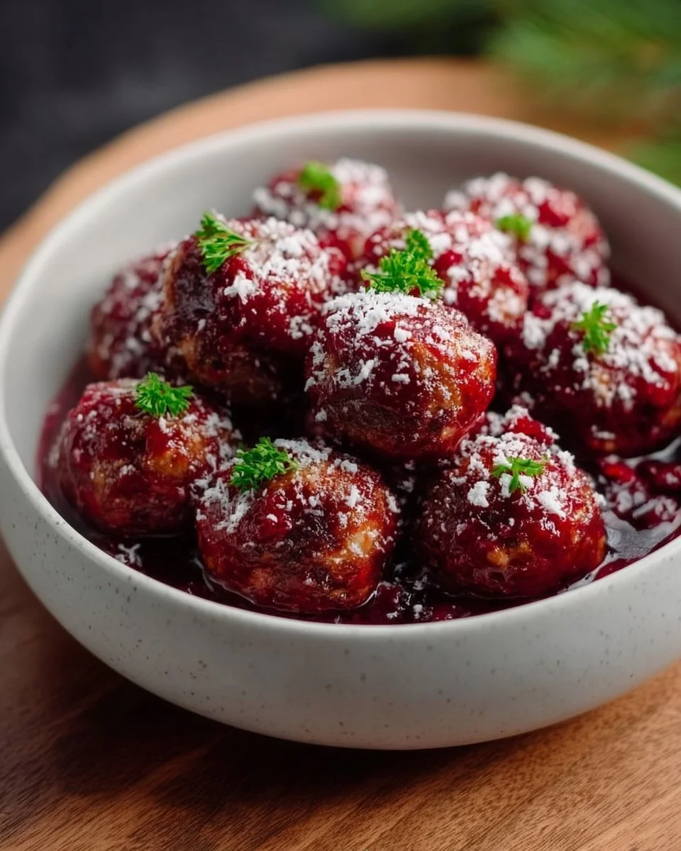 Delicious quick cranberry meatballs served on a festive platter