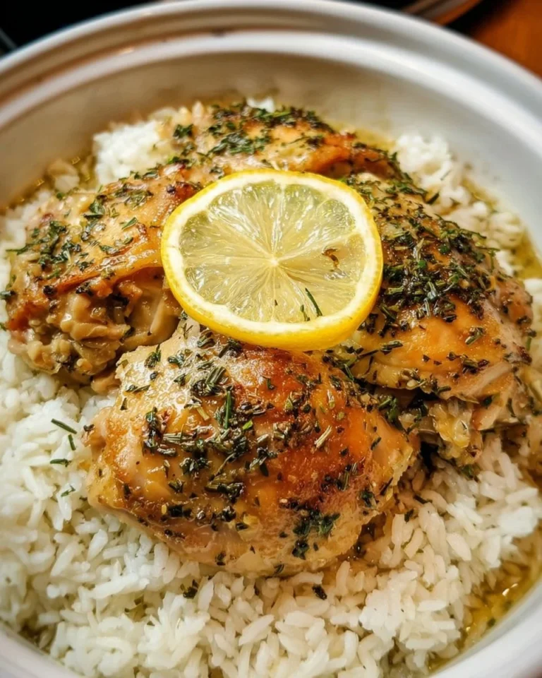 Slow cooker lemon herb chicken with fluffy rice on a plate