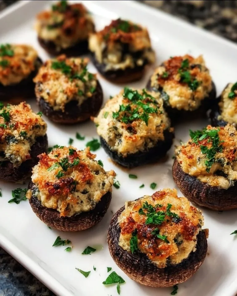 Delicious stuffed mushrooms topped with herbs and cheese ready to serve.