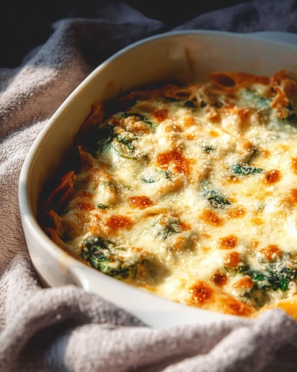 Delicious Chicken Tortellini Bake with creamy sauce and baked cheese on top.
