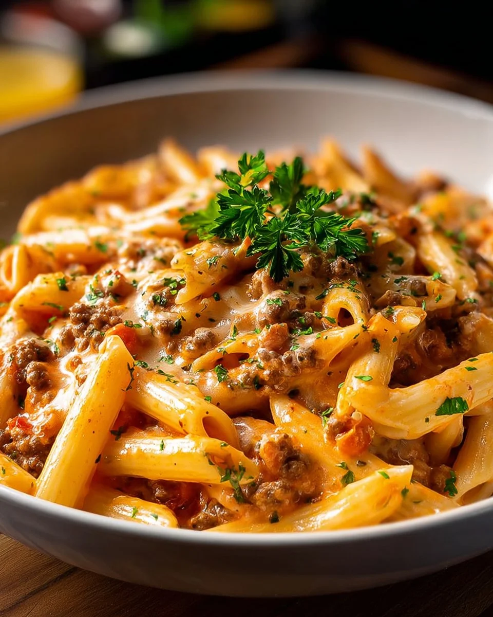 Plate of creamy beef pasta garnished with parsley