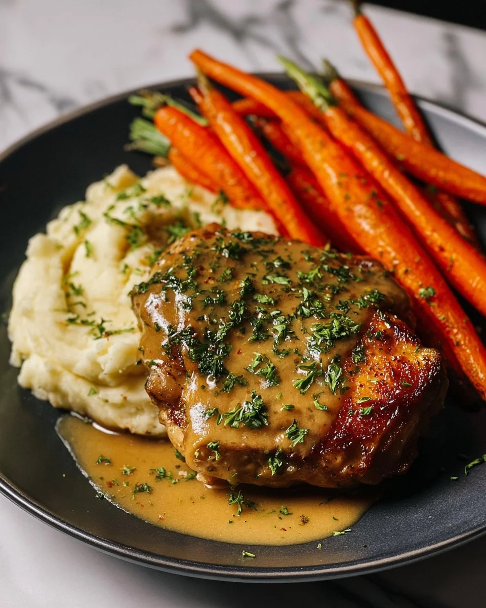Creamy herb chicken dish with mashed potatoes and glazed carrots on a plate