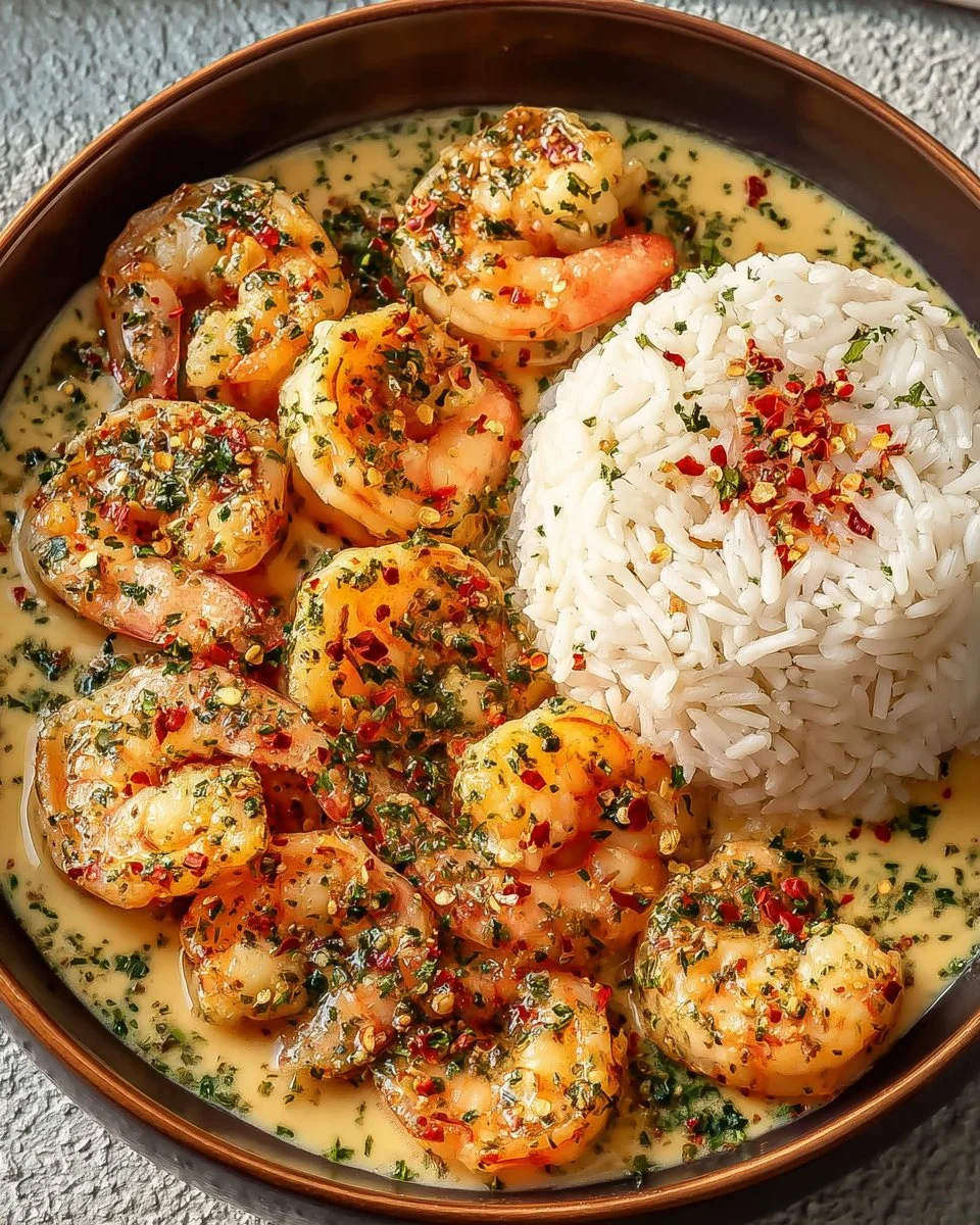 Delicious creamy garlic butter shrimp with rice for a quick meal.