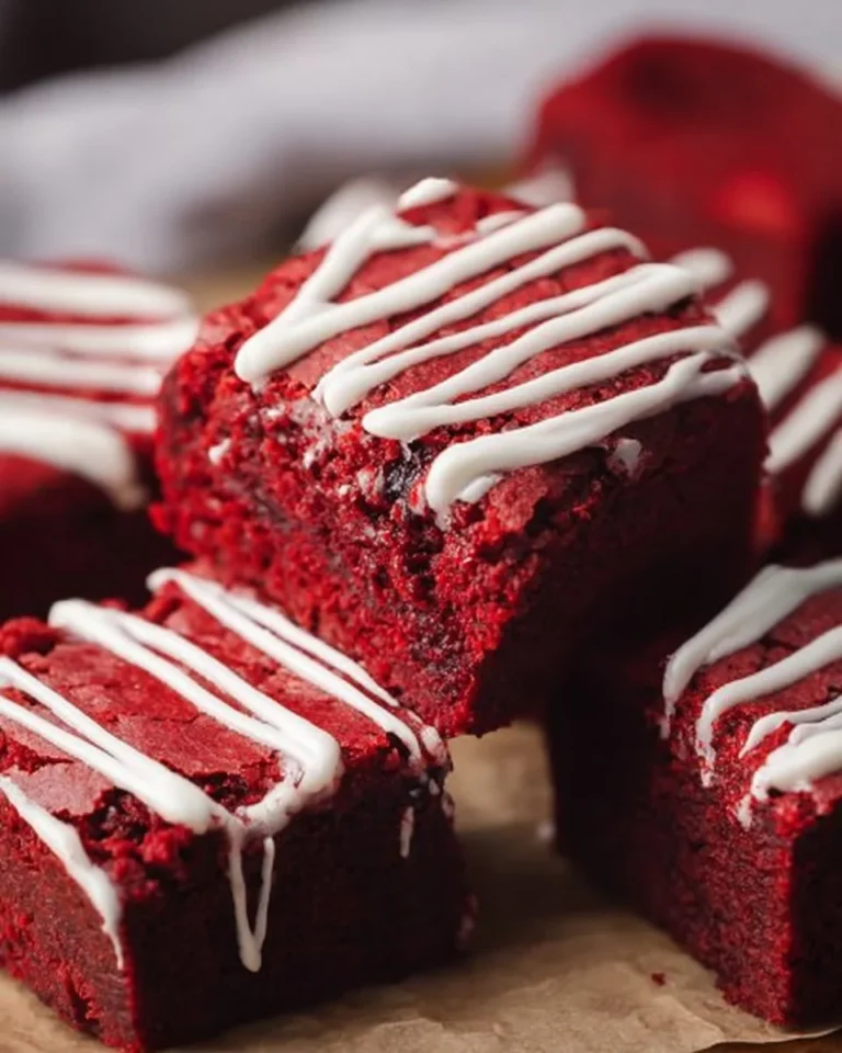 Fudgy red velvet brownies topped with cream cheese frosting on a plate