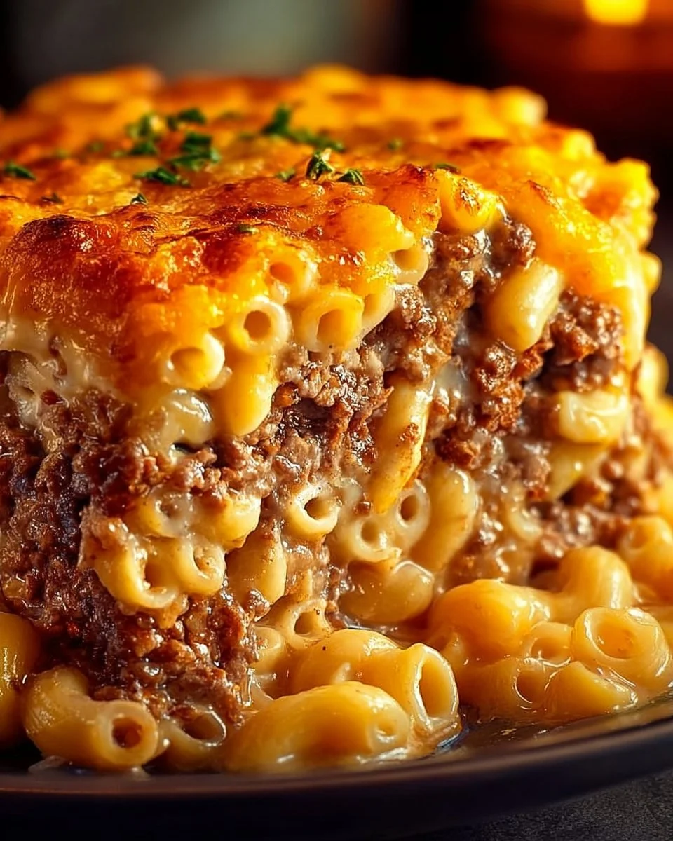 Delicious Mac and Cheese Meatloaf Casserole served on a plate.