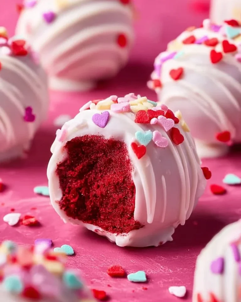 Delicious Red Velvet Truffles garnished with cream cheese frosting