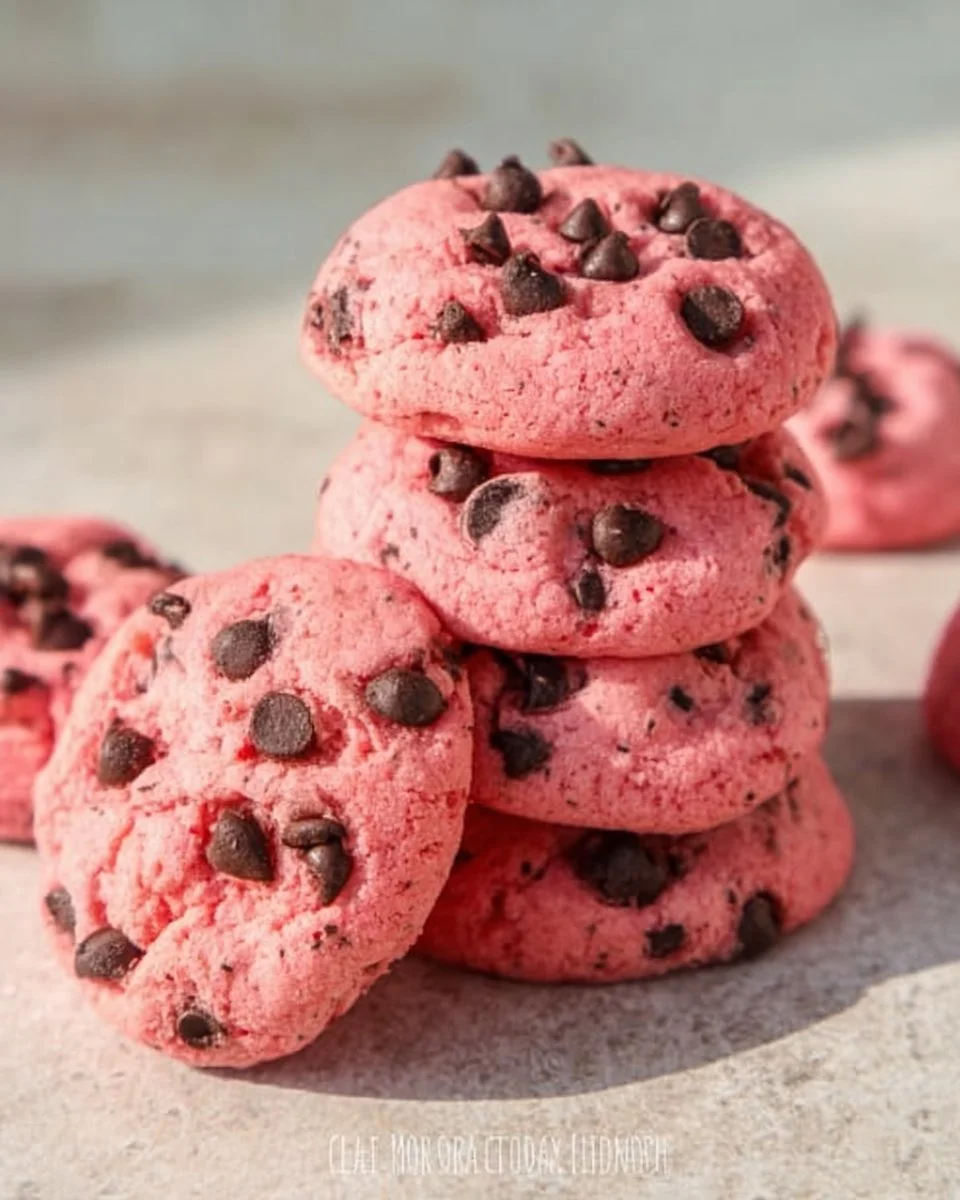 Strawberry cake mix chocolate chip cookies on a plate