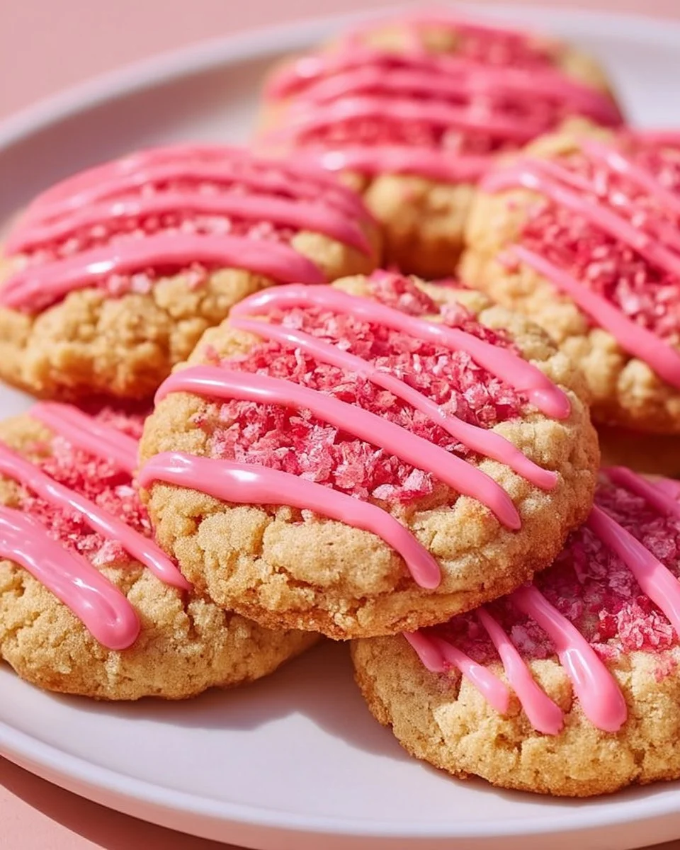 Delicious Strawberry Crunch Cookies on a plate, showcasing their vibrant color and texture.