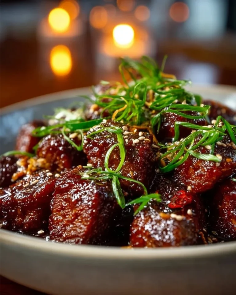 Sweet and sticky steak bites served on a platter with garnish
