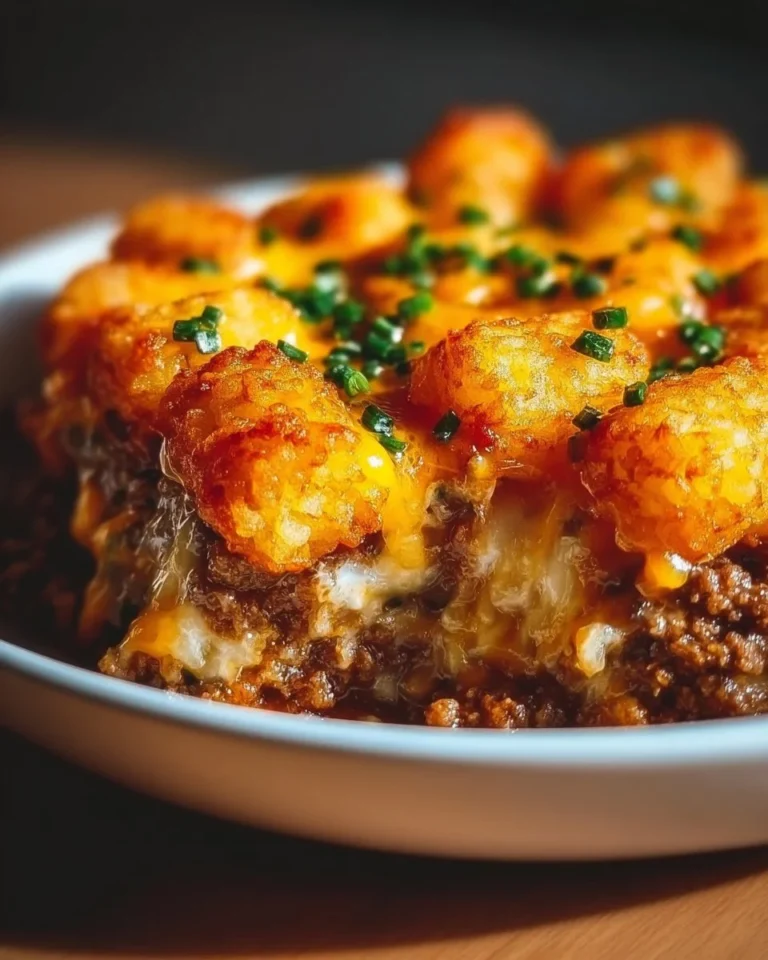 Delicious tater tot casserole topped with crispy tater tots and cheese