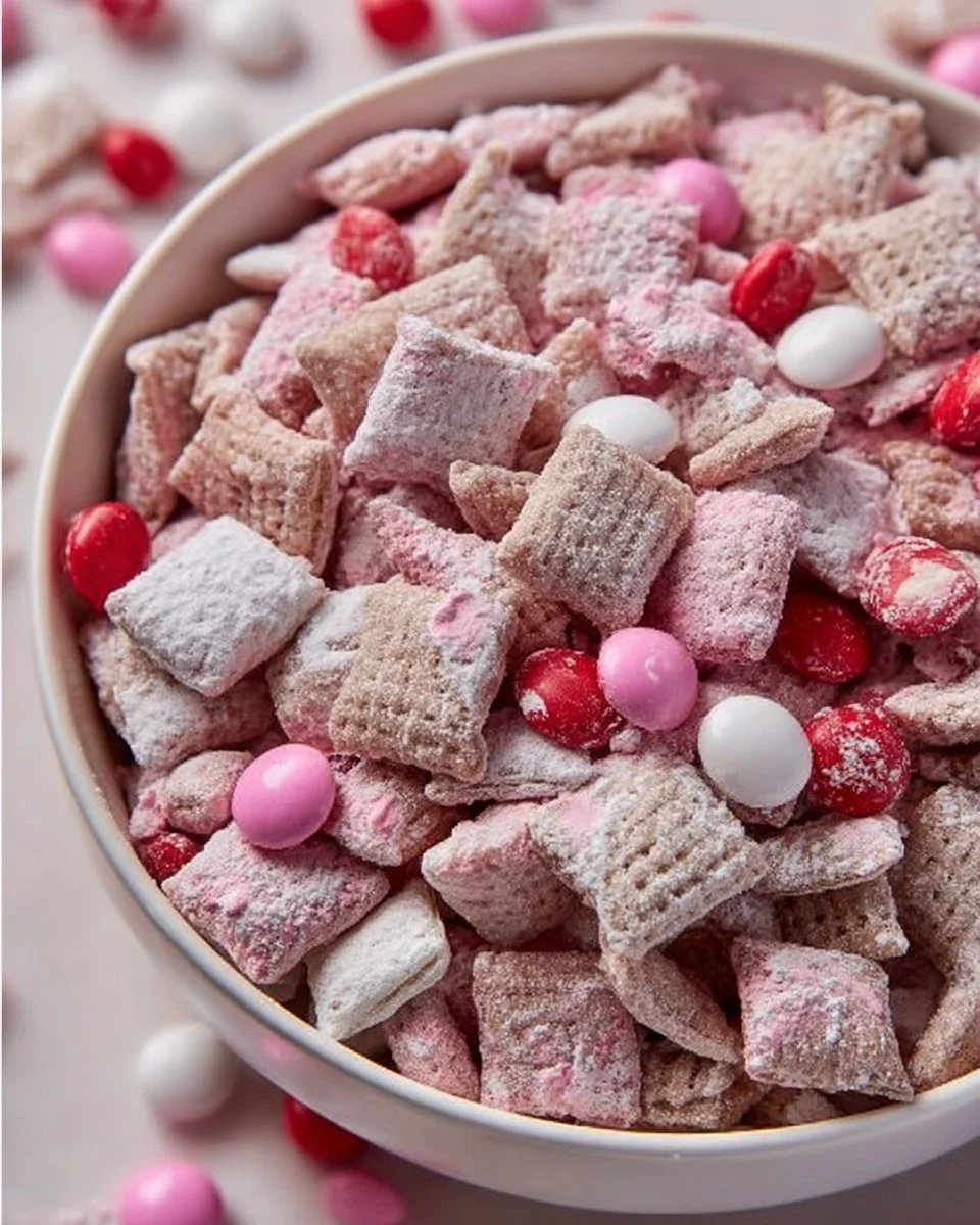 Heart-shaped Valentine's Day Muddy Buddies treat for a festive celebration.