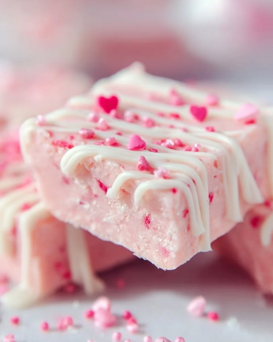 Delicious Valentine's Day sugar cookie fudge topped with festive sprinkles.