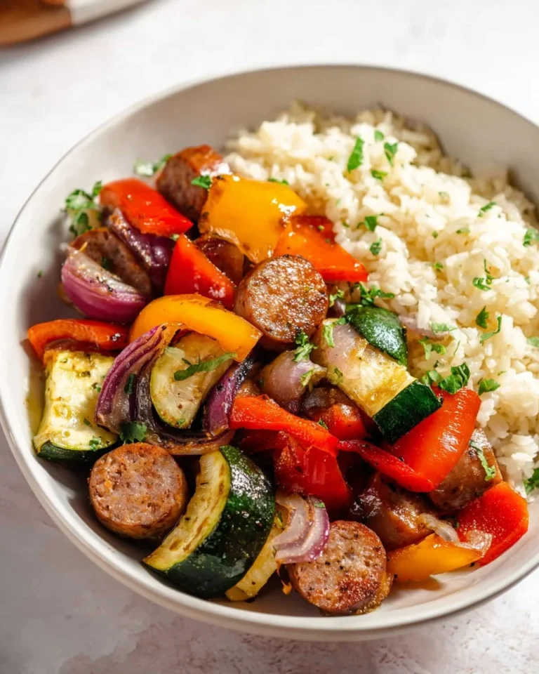 10 Minute air fryer chicken sausage with assorted veggies dish