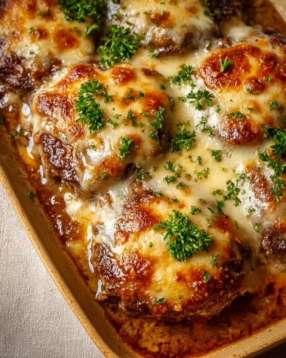 Amish hamburger steak bake served on a white plate with side dishes